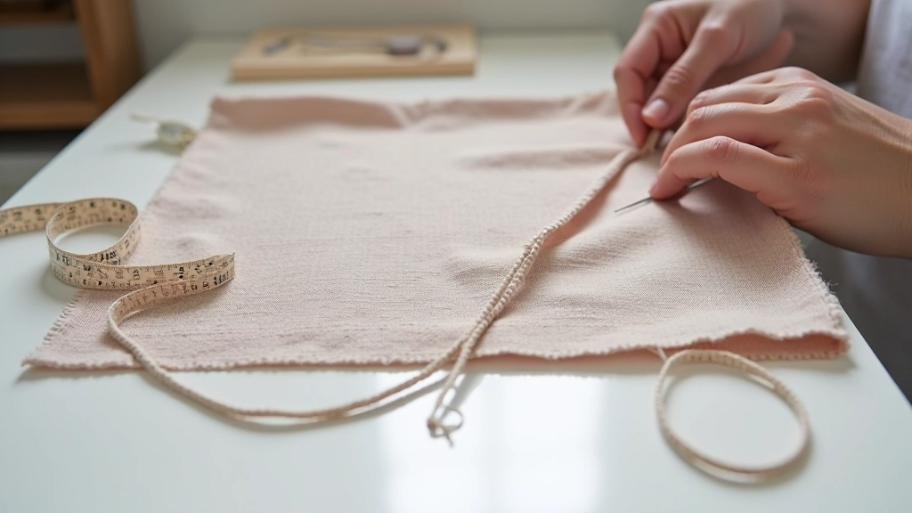 Beginner sewing project with needle, thread and fabric pieces