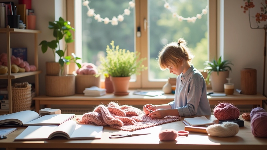 Organized craft workspace with knitting and sewing supplies