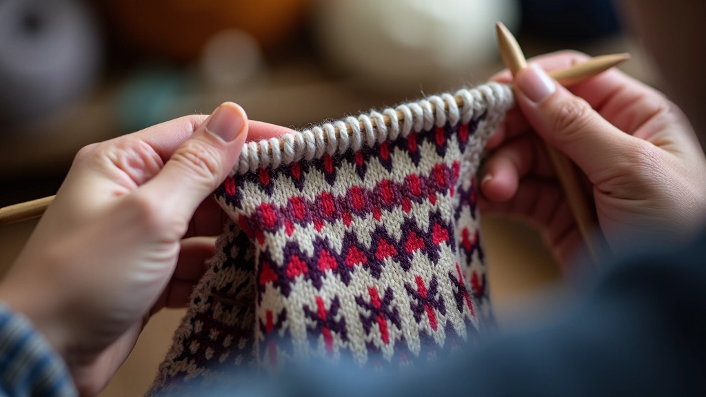 Close-up of Fair Isle knitting pattern in progress on needles