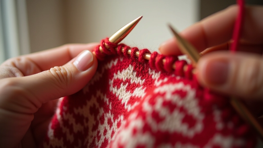 Close-up of Fair Isle knitting pattern with red and cream colored wool showing traditional geometric design