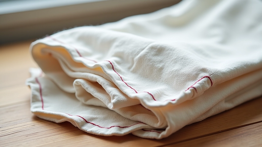 Close-up of neatly pressed fabric napkins with contrasting thread stitching visible, stacked neatly on wooden surface
