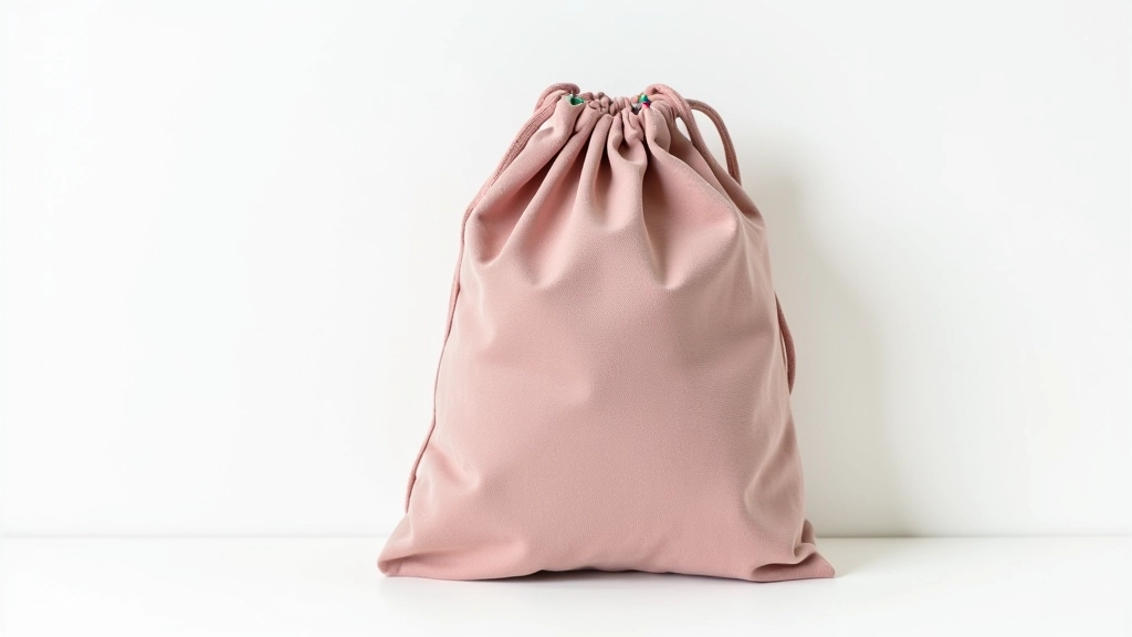 Completed fabric drawstring bag in solid cotton, sitting upright with drawstring visible at top, styled with other small items inside