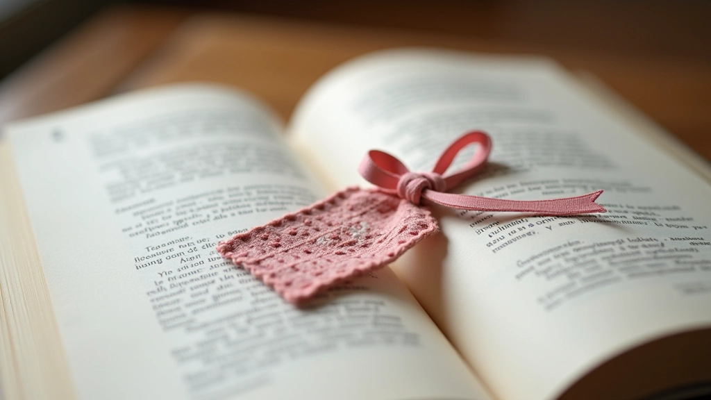 Fabric bookmark with decorative ribbon bookmark at top, displayed against open pages of book, showing finished stitching