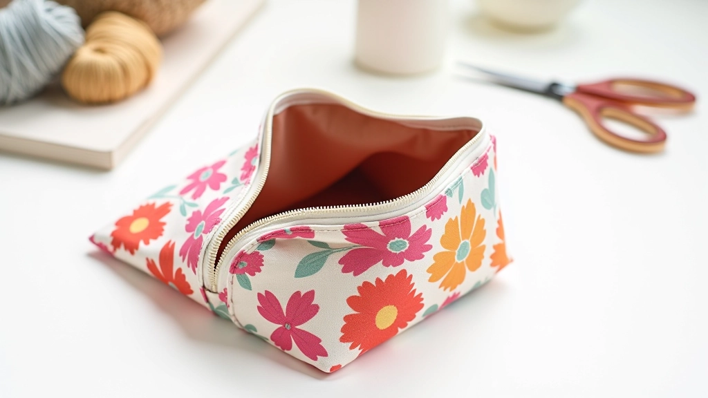 Finished fabric pouch in bright cotton print, open to show interior, lying flat on desk with sewing supplies nearby