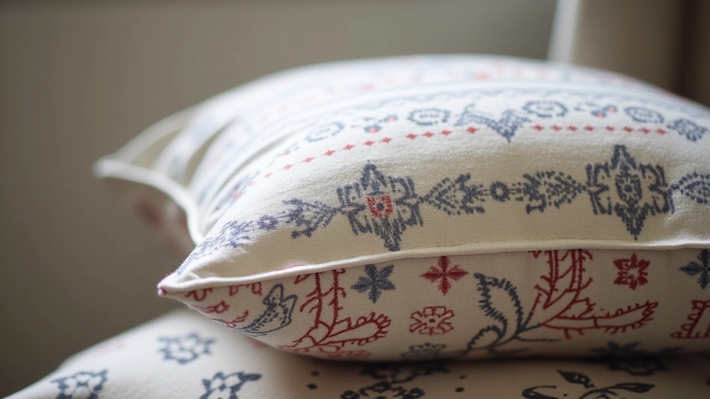 Handmade pillowcase in patterned cotton fabric, placed on pillow with visible topstitching along opening edge