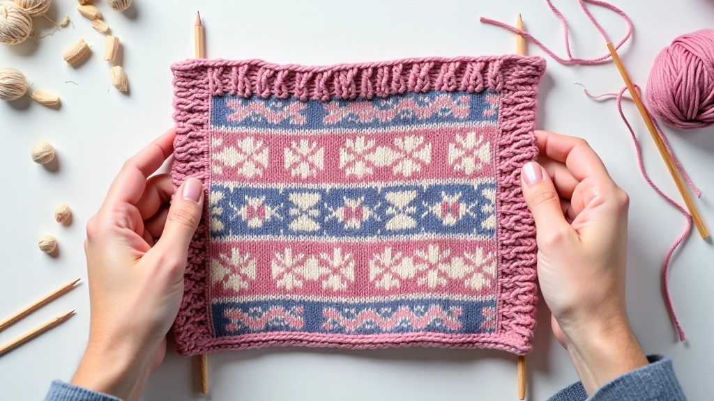 Flat lay showing a Fair Isle knitted swatch with visible floats on the back side, demonstrating proper yarn management and float length