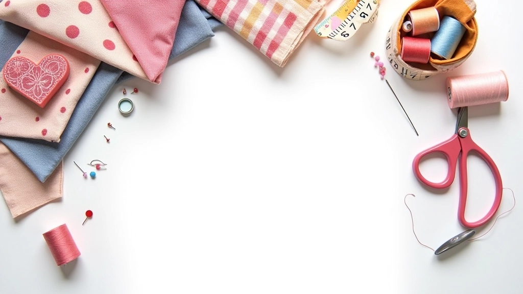 Beginner sewing project materials including fabric squares, thread spools, measuring tape and pins on light background