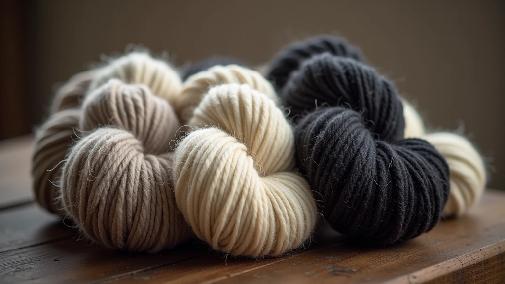 Shetland wool skeins in natural undyed colors including cream, grey, and dark brown arranged to show color variation