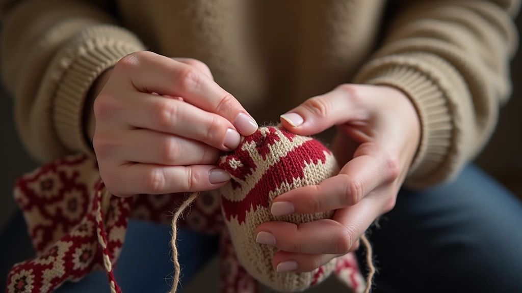 Close-up of Fair Isle knitting pattern being worked with traditional British wool