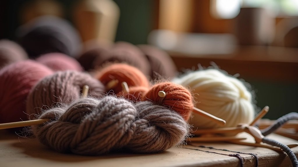 Knitting needles and colorful British wool skeins arranged on wooden surface in craft studio