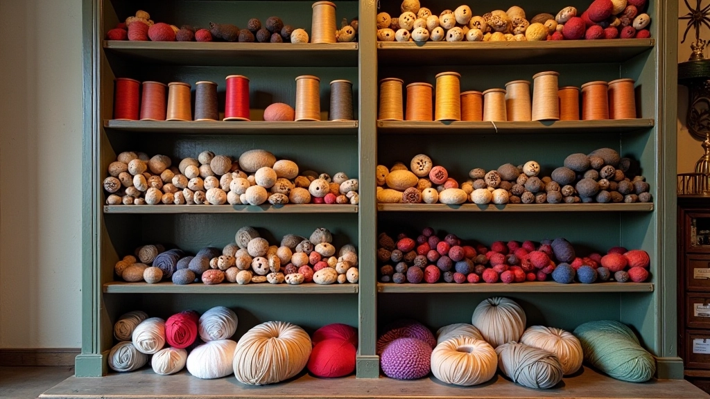 Vintage haberdashery shop shelf with organised buttons, thread, and notions