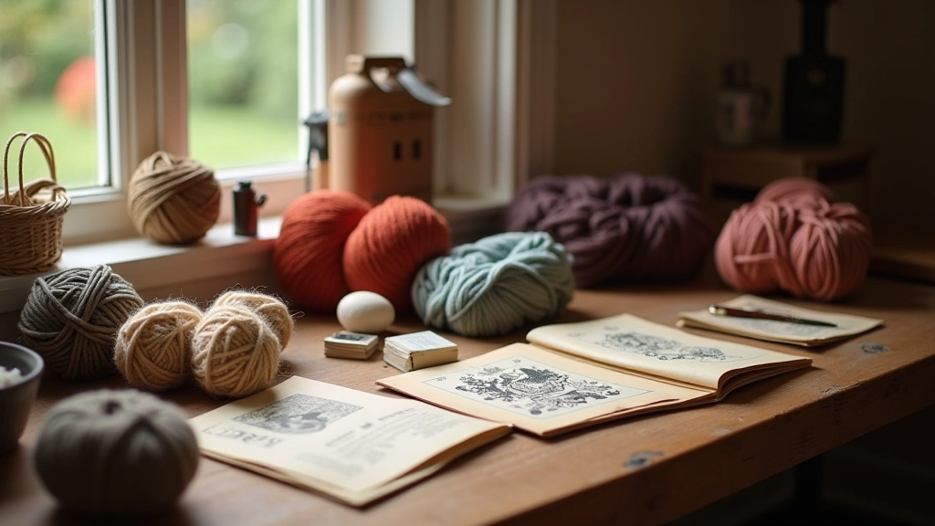 Collection of vintage knitting supplies and traditional British patterns on wooden workspace